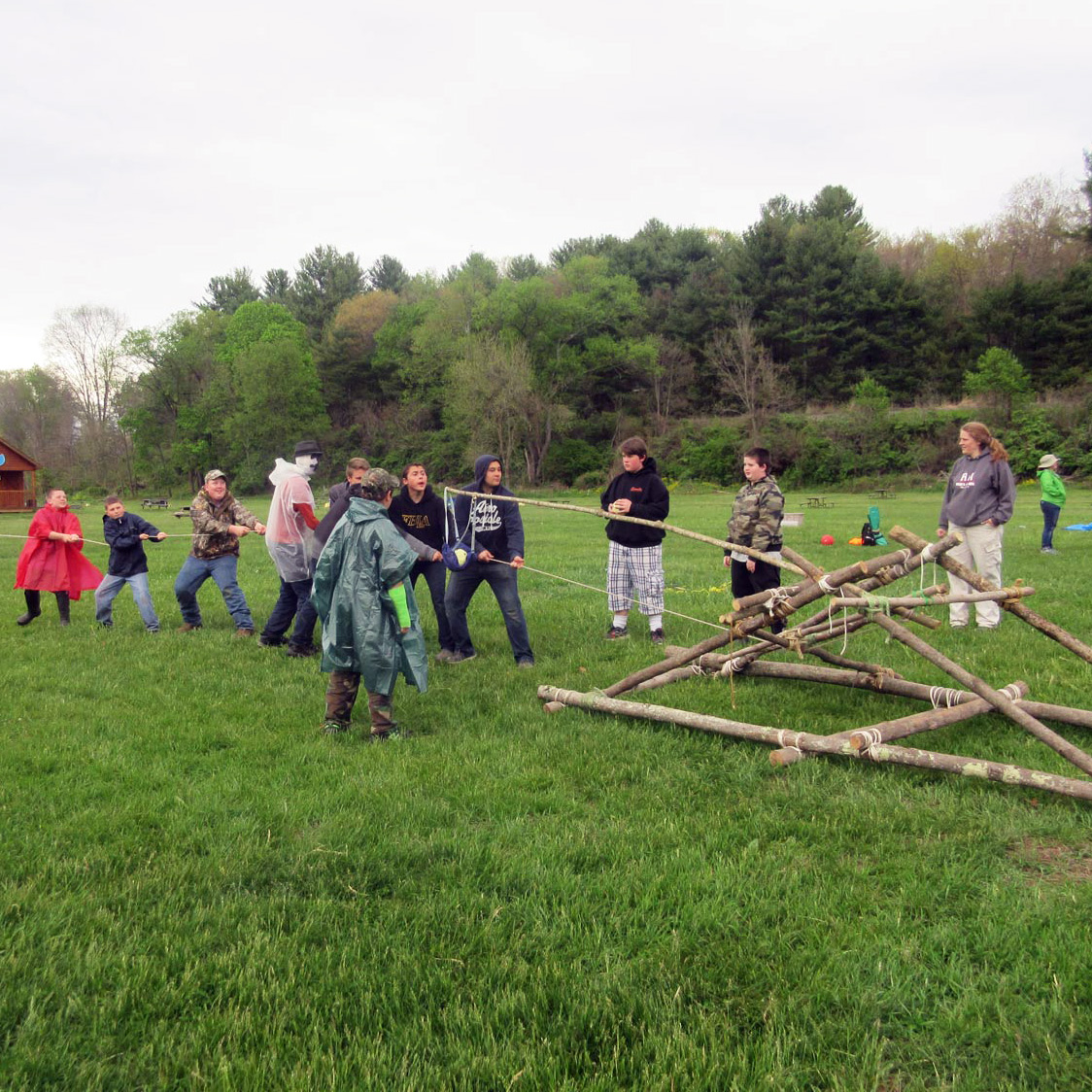 Troop 106 and their catapult built during a camping trip